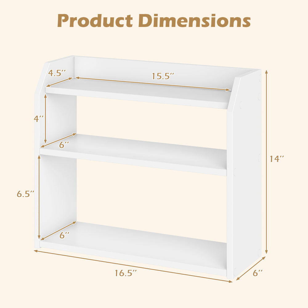 3-tier white wooden desktop bookshelf dimensions with raised guardrails, ideal for organizing books in small spaces.