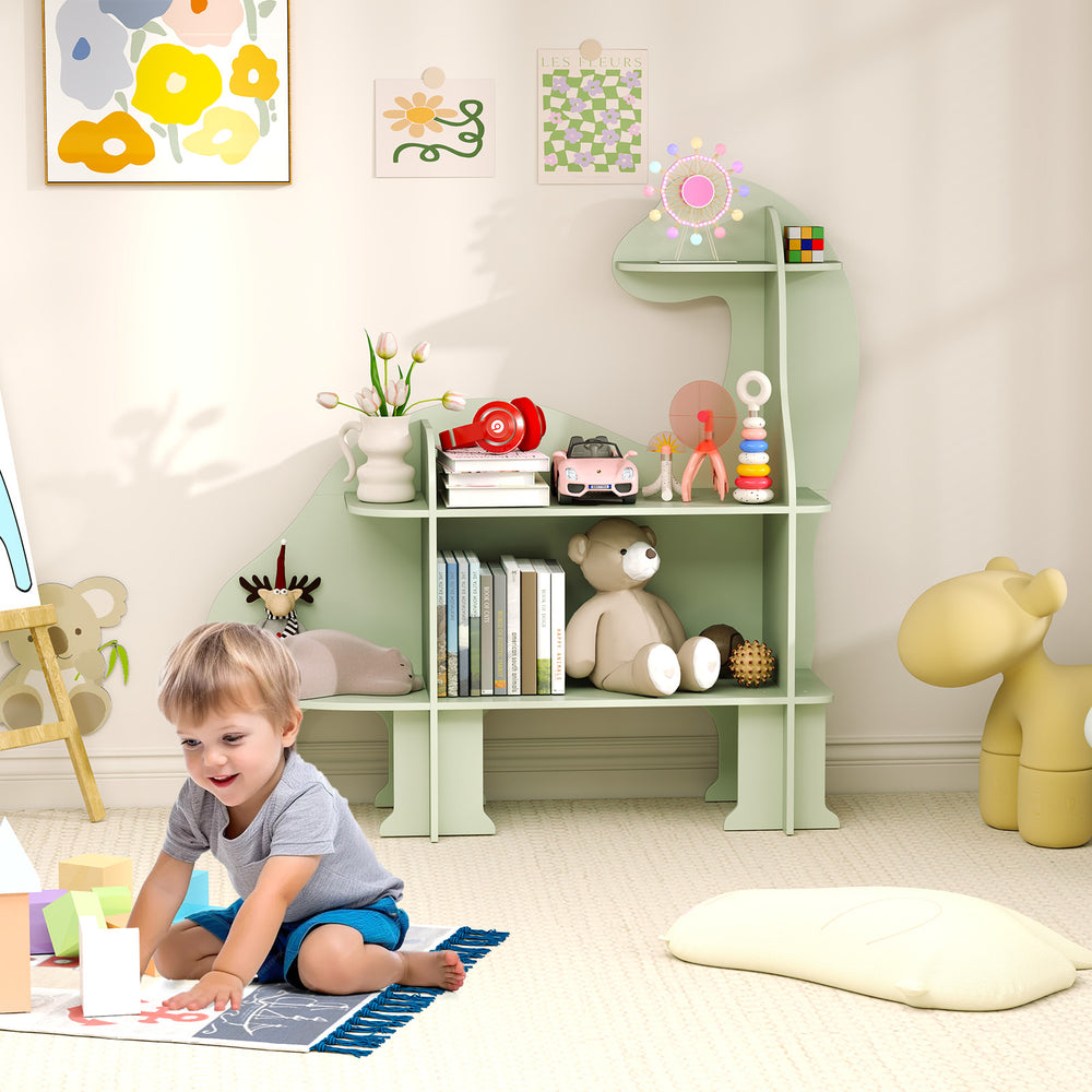 3-tier green dinosaur kids bookshelf with open shelves, perfect for organizing books in a nursery or playroom.