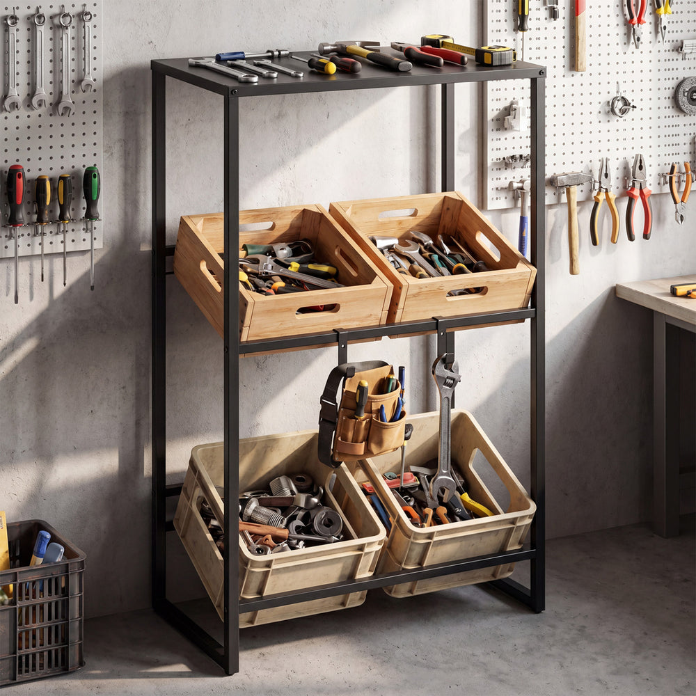 3-tier black drink crate rack with wooden storage bins, ideal for organizing tools in the garage or kitchen.