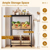 3-tier black drink crate rack with shelf, featuring extra hooks and storage for beverages and vegetables in the kitchen.