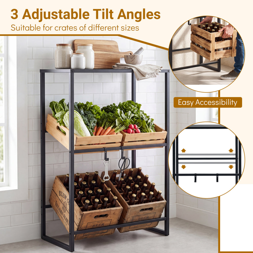 3-tier black drink crate rack with adjustable tilt angles, ideal for organizing beer and water crates in kitchen or.