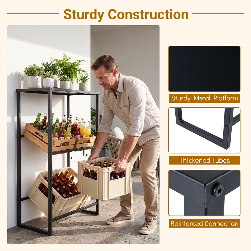 3-tier drink crate rack in black, featuring a sturdy metal platform and thickened tubes, ideal for kitchen or garage.
