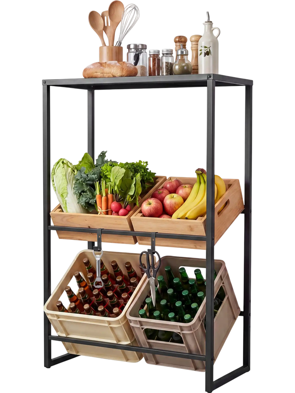 3-tier black drink crate rack with open shelf and hooks, designed for kitchen and garage storage of beverages.
