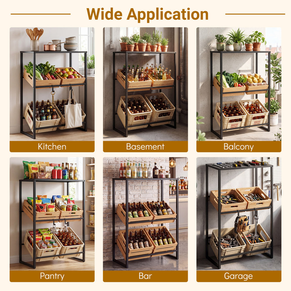 3-tier black drink crate rack with tilted design, holding crates for beer and water, ideal for kitchen and garage use.