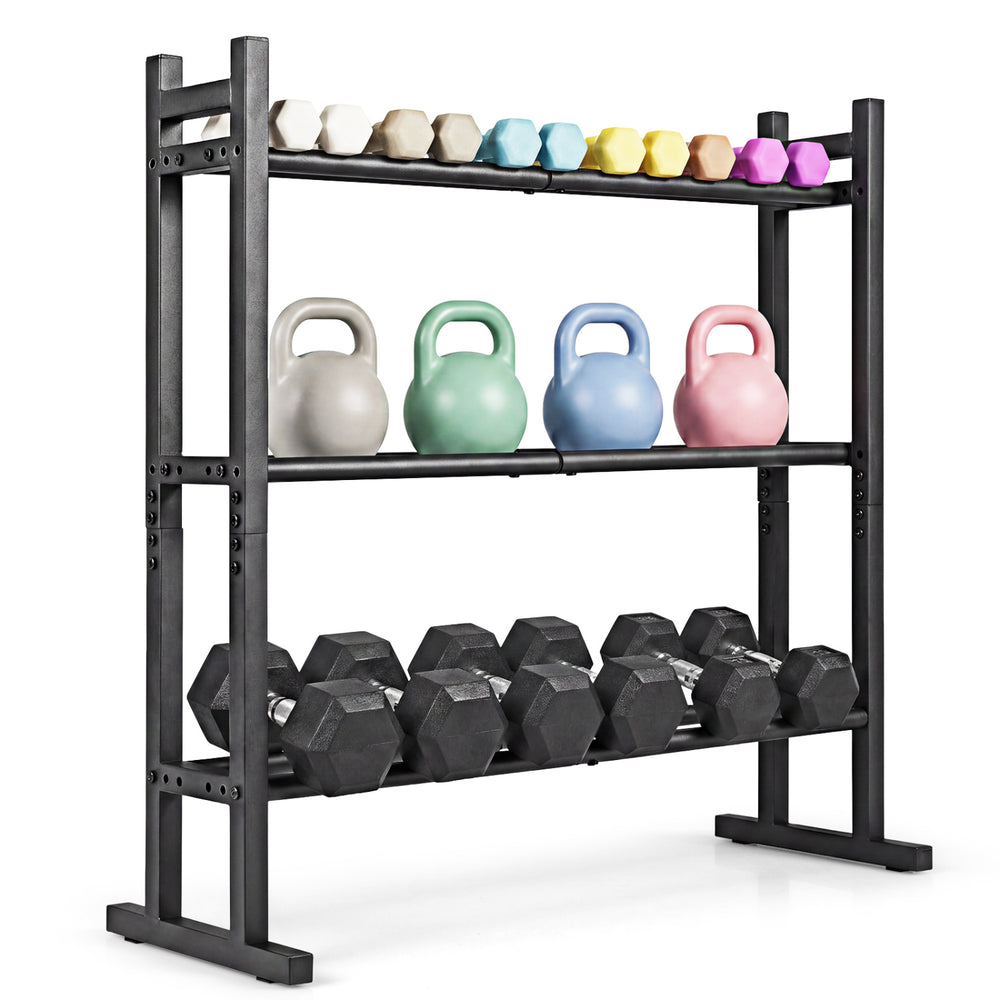 3-tier heavy-duty dumbbell rack in black, designed for stability and storage, perfect for home gyms and small spaces.