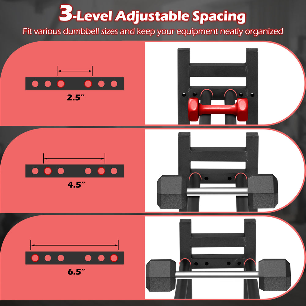 3-level adjustable spacing on the heavy-duty black dumbbell rack accommodates various sizes while maximizing storage efficiency.
