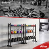3-tier heavy-duty adjustable dumbbell rack in black, designed for organizing weights and maximizing storage in home gyms.