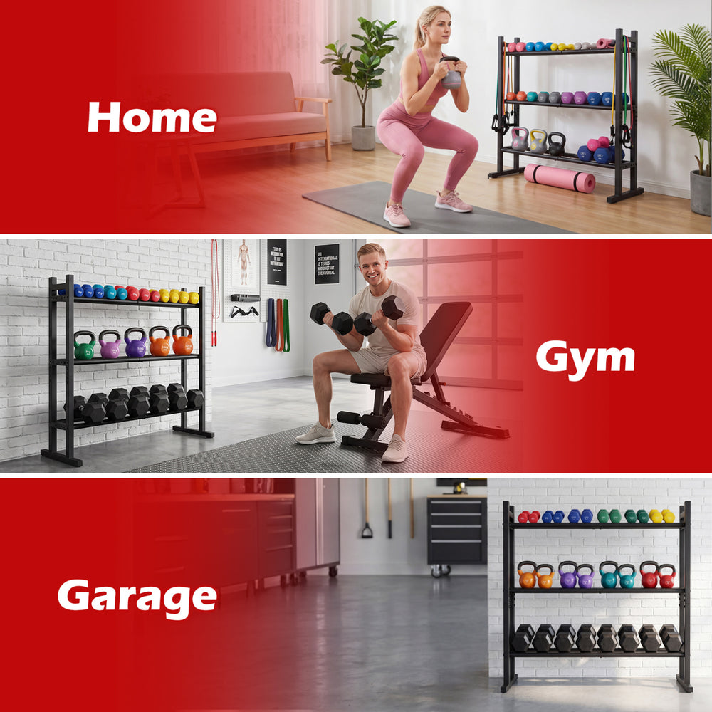 3-tier heavy-duty adjustable dumbbell rack in black, designed for home, gym, and garage with a 529LB capacity.