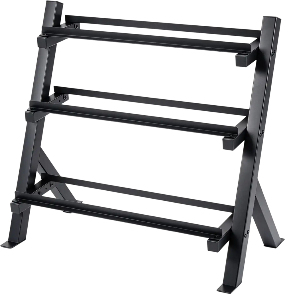 3-tier black dumbbell rack with adjustable bracket spacing, designed for compact home gym use and supports up to 800 lbs.