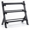 3-tier dumbbell rack with adjustable bracket spacing, heavy-duty metal frame, and angled tiers for easy access in black.