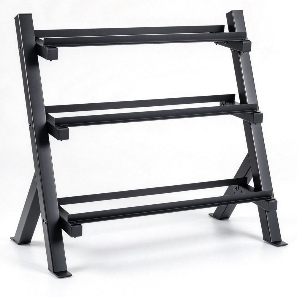3-tier dumbbell rack with adjustable bracket spacing, heavy-duty metal frame, and angled tiers for easy access in black.
