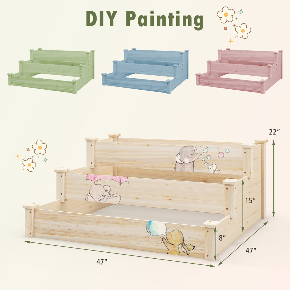 3 Tier Elevated Wooden Vegetable Garden Bed made of fir wood, featuring a smooth surface and open-ended base for.