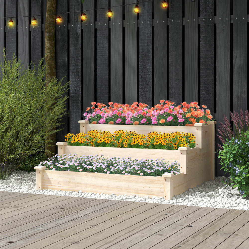 Three-tier elevated wooden vegetable garden bed made of sturdy fir wood, ideal for cultivating flowers and herbs.