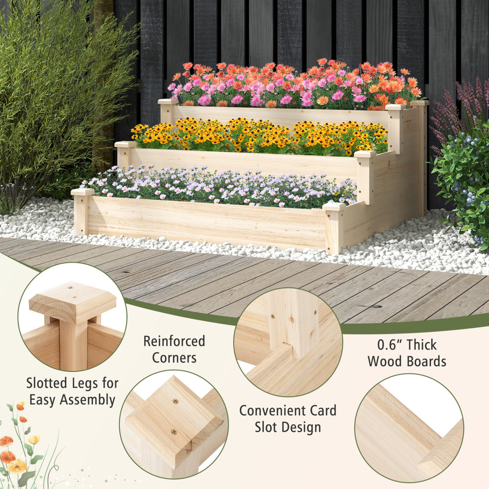 Three-tier elevated wooden vegetable garden bed made of sturdy fir wood, featuring reinforced corners and slotted legs.