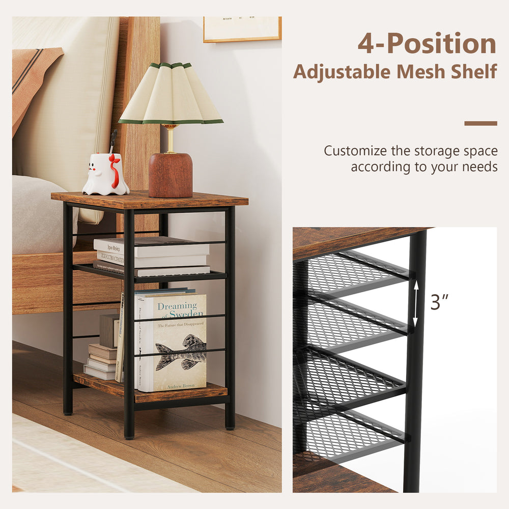 Rustic brown 3-tier end table with adjustable mesh shelves and metal frame, perfect for bedside or living room storage.