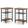 Set of 2 rustic brown 3-tier end tables with metal frame and adjustable shelves for versatile storage solutions.