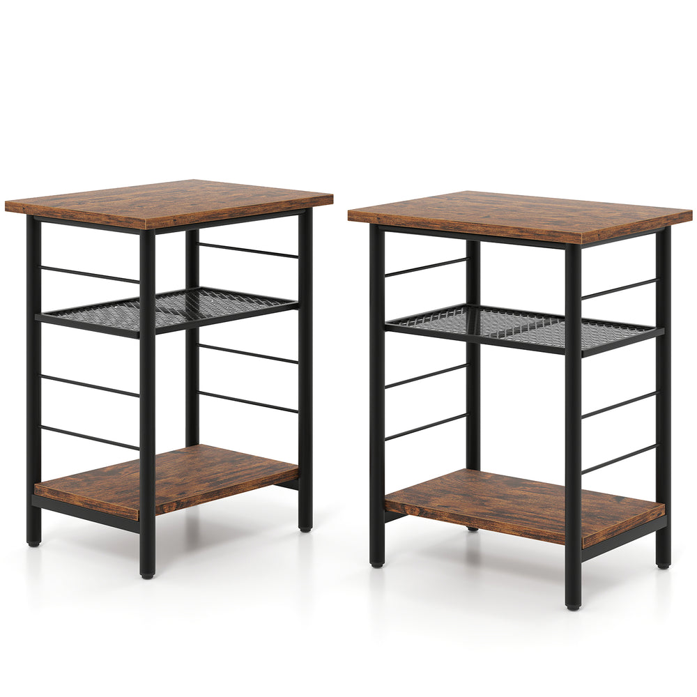 Set of 2 rustic brown 3-tier end tables with metal frame and adjustable shelves for versatile storage solutions.