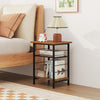 Rustic brown 3-tier end table with metal frame and adjustable shelves, perfect for bedside or living room storage.