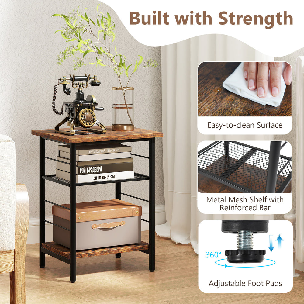 3-tier end table set in rustic brown with metal frame, adjustable shelves, and easy-to-clean surface for versatile.