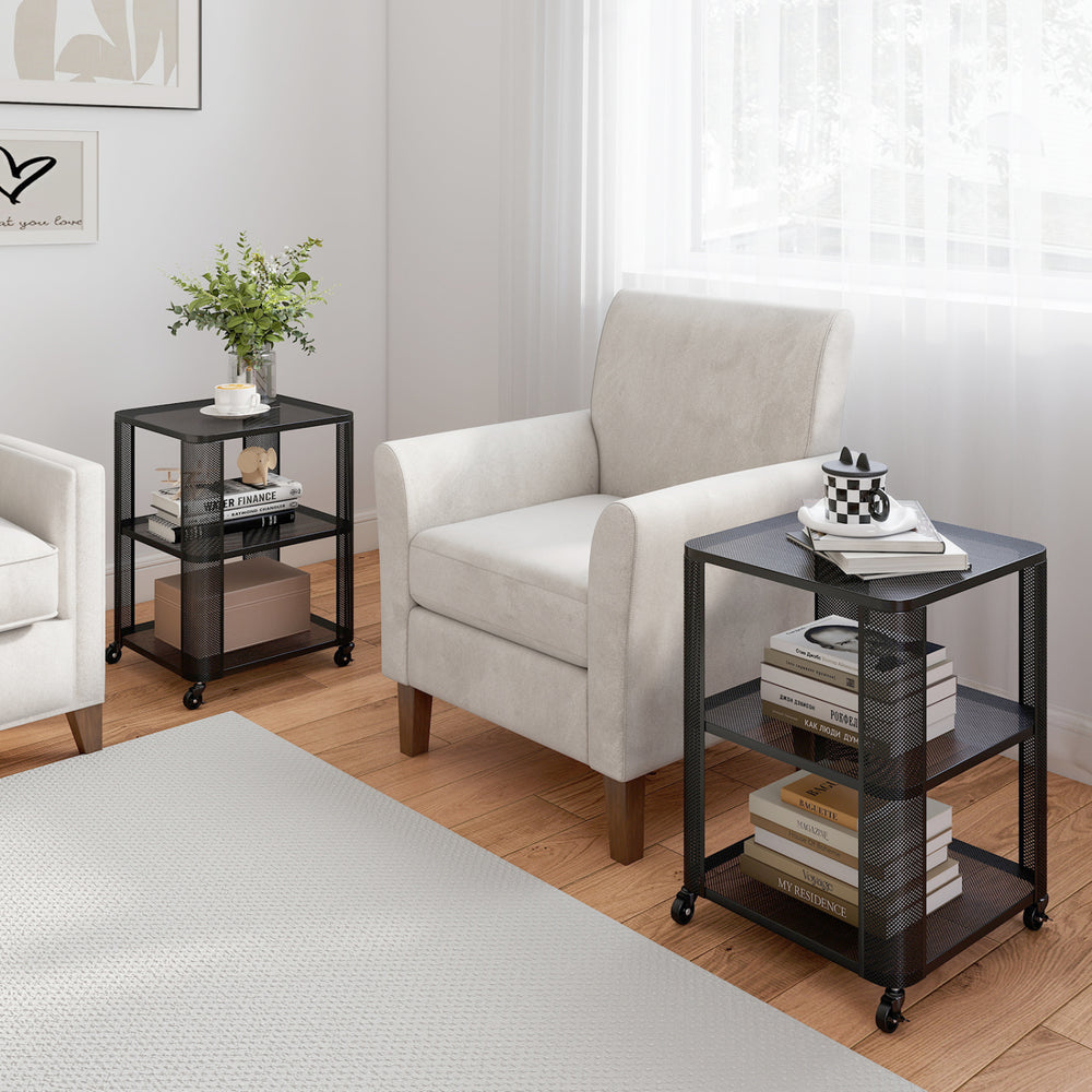 3-tier rolling end table with open storage shelves in black, perfect for living room or bedroom use.