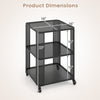 3-tier rolling side table with open storage shelves, featuring a black mesh design and dimensions of 16"x16"x22".