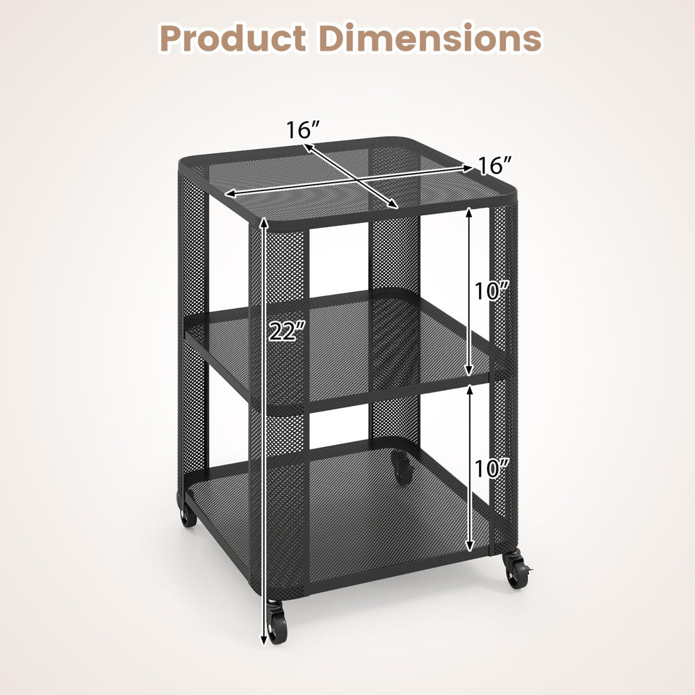 3-tier rolling side table with open storage shelves, featuring a black mesh design and dimensions of 16"x16"x22".