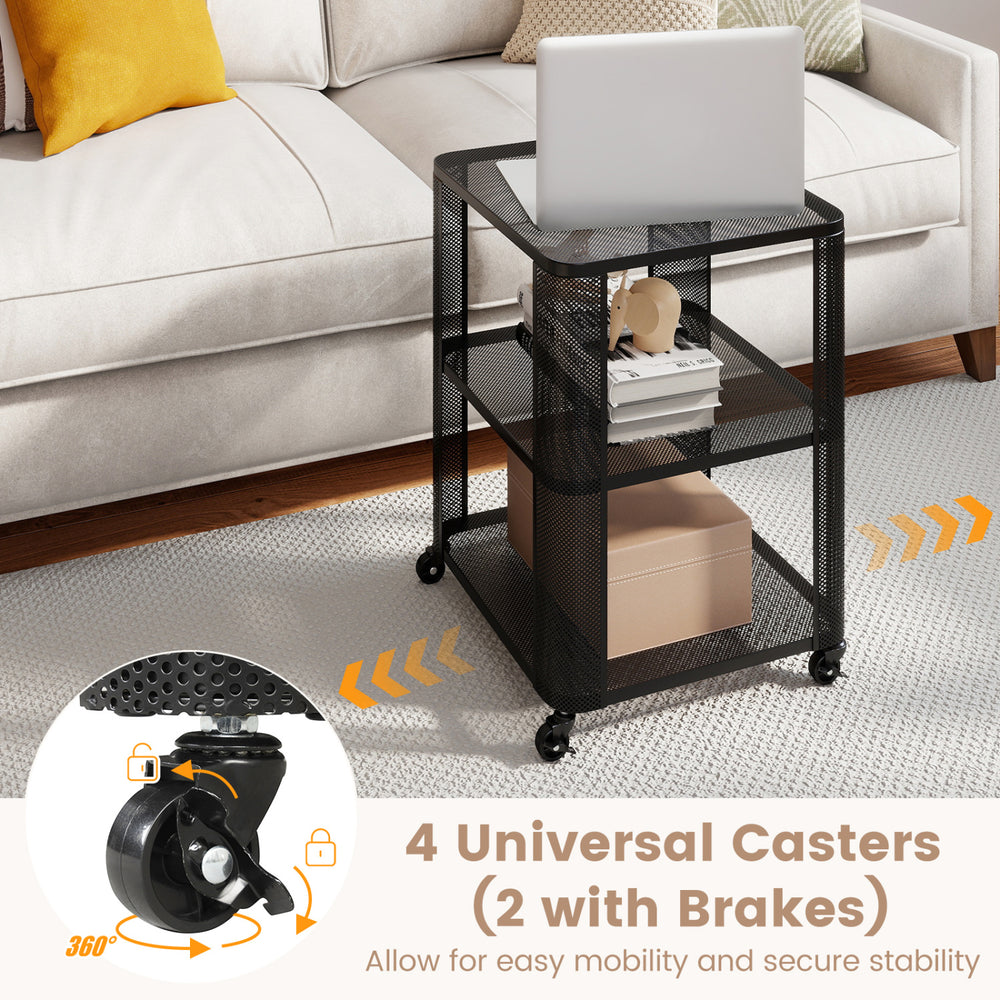3-tier end table with wheels, featuring open storage shelves and 4 universal casters for easy mobility and stability.