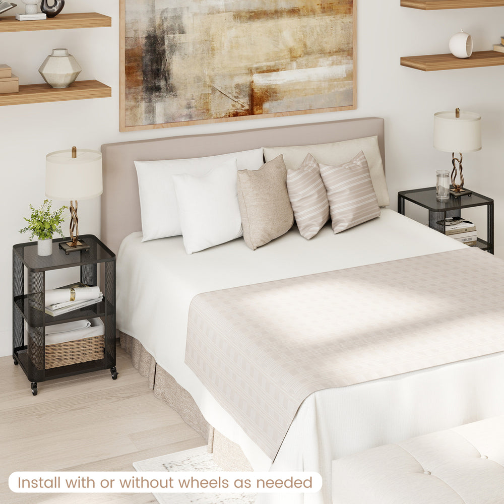3-tier end table with wheels, featuring open storage shelves, styled in a modern bedroom setting.