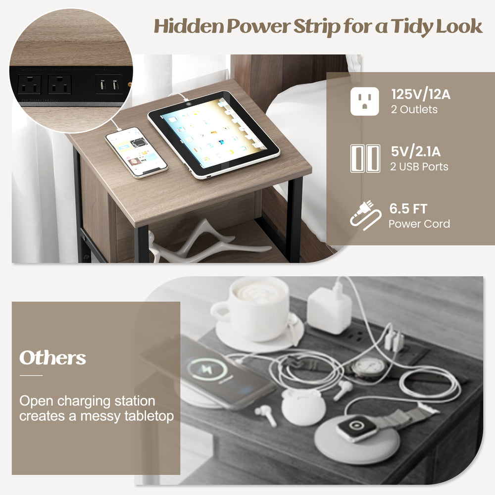 3-tier end table with hidden power strip, 2 USB ports, and 2 power outlets for convenient charging in living room or.