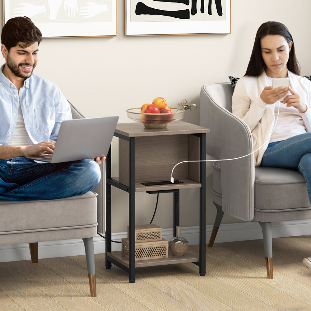 3-tier end table with USB ports and power outlets, featuring a heavy-duty metal frame for versatile living room use.