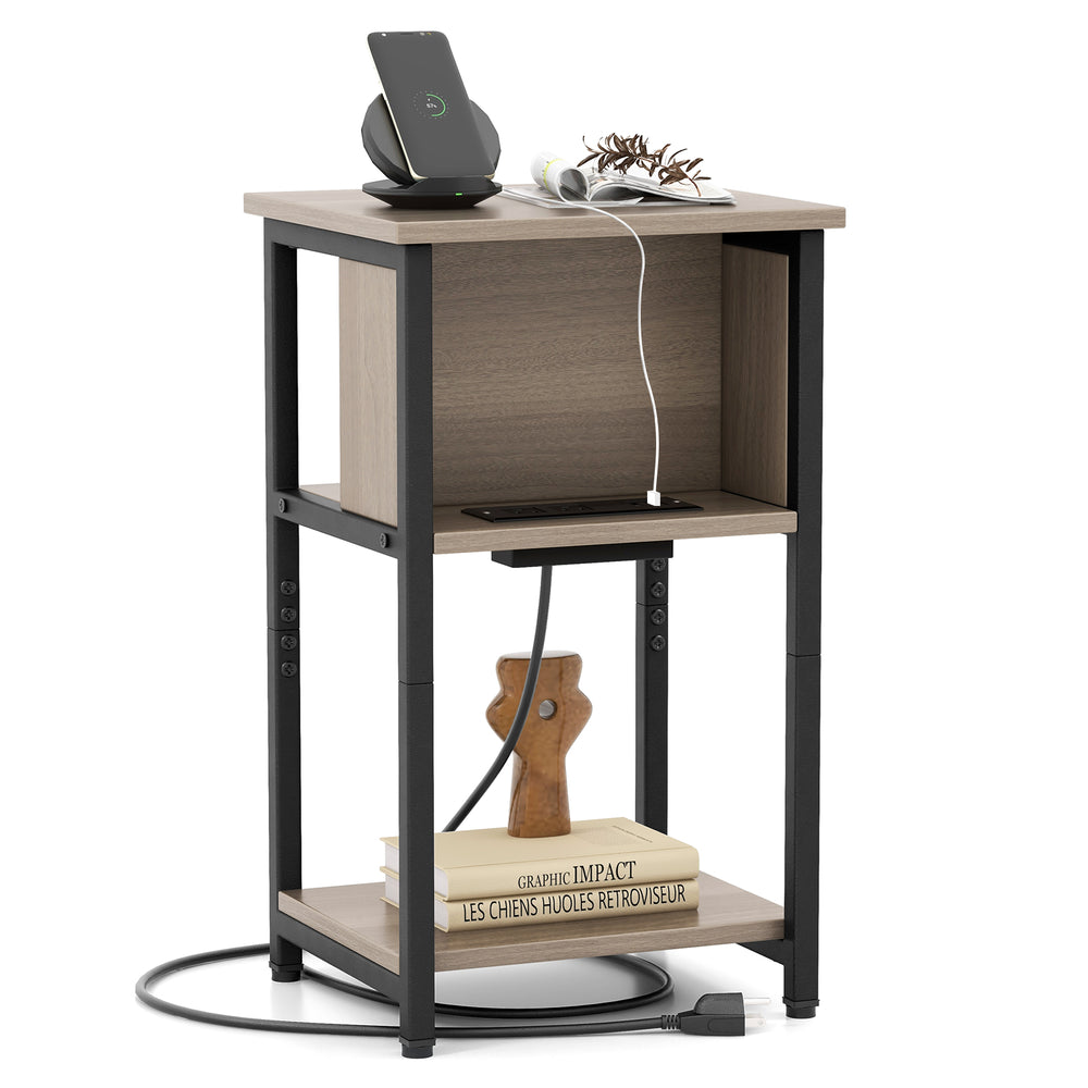 3-tier end table with USB ports and power outlets, featuring a heavy-duty metal frame and ample storage for devices.