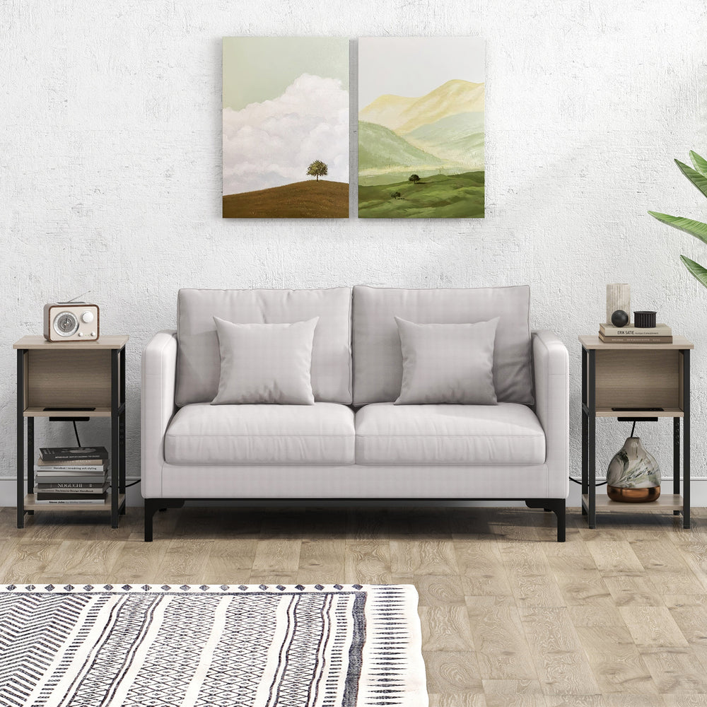3-tier end table with USB ports and power outlets, featuring a metal frame, placed beside a sofa in a stylish living.