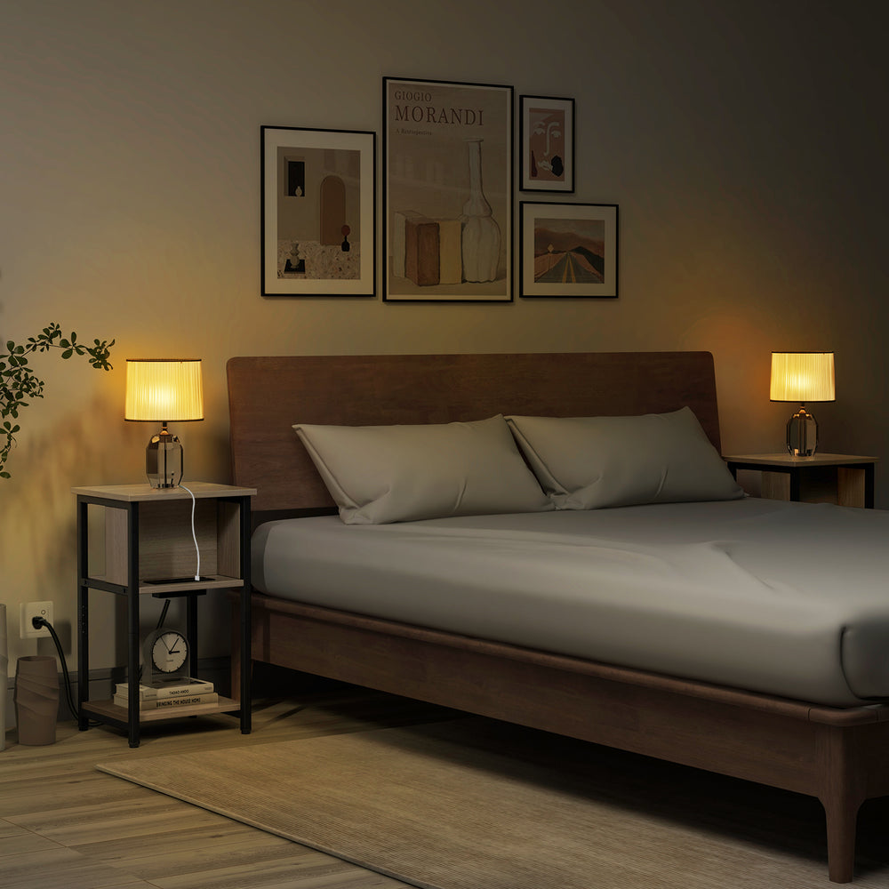 3-tier end table with USB ports and power outlets, featuring a metal frame, ideal for bedside or living room use.