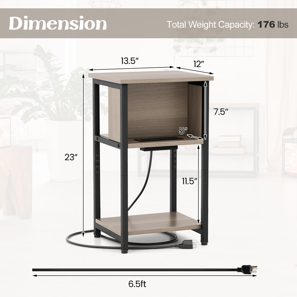 3-tier end table with USB ports and power outlets, featuring a heavy-duty metal frame and adjustable foot pads for.