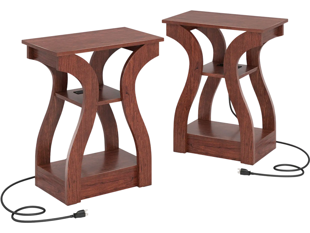 Set of 2 cherry wood 3-tier end tables with charging station and open storage shelves for living room or bedroom use.