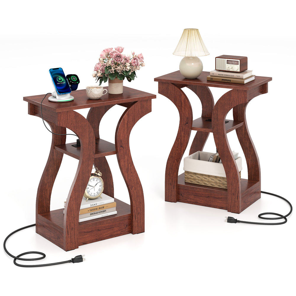 Set of 2 cherry wood 3-tier end tables with charging station and open storage shelves, ideal for living room or bedroom.