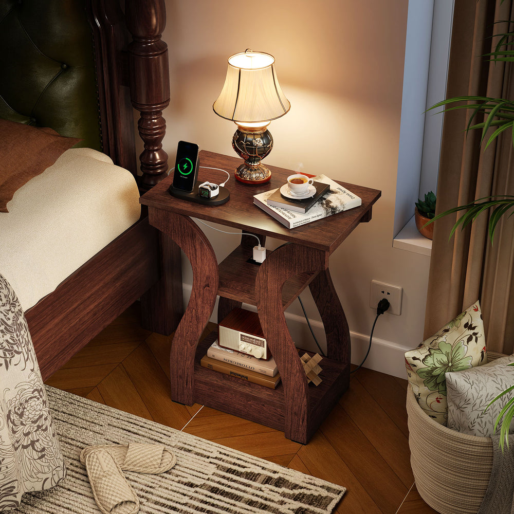 3-tier cherry end table with charging station, featuring a unique curved design and open storage shelves for versatile.