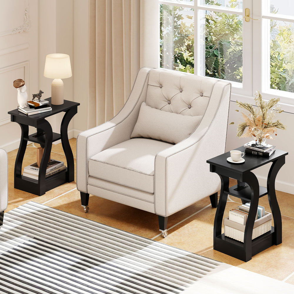 3-Tier End Tables with Charging Station Set of 2 with Open Storage Shelves-Black - Gallery View 1 of 10