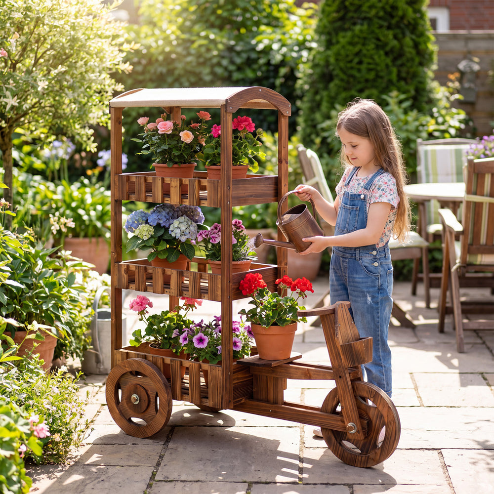 3-tier fir wood wagon planter with vintage design, perfect for displaying potted plants in gardens or patios.