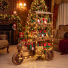 Vintage 3-tier fir wood wagon planter with movable wheels, perfect for displaying plants and ornaments indoors or outdoors.