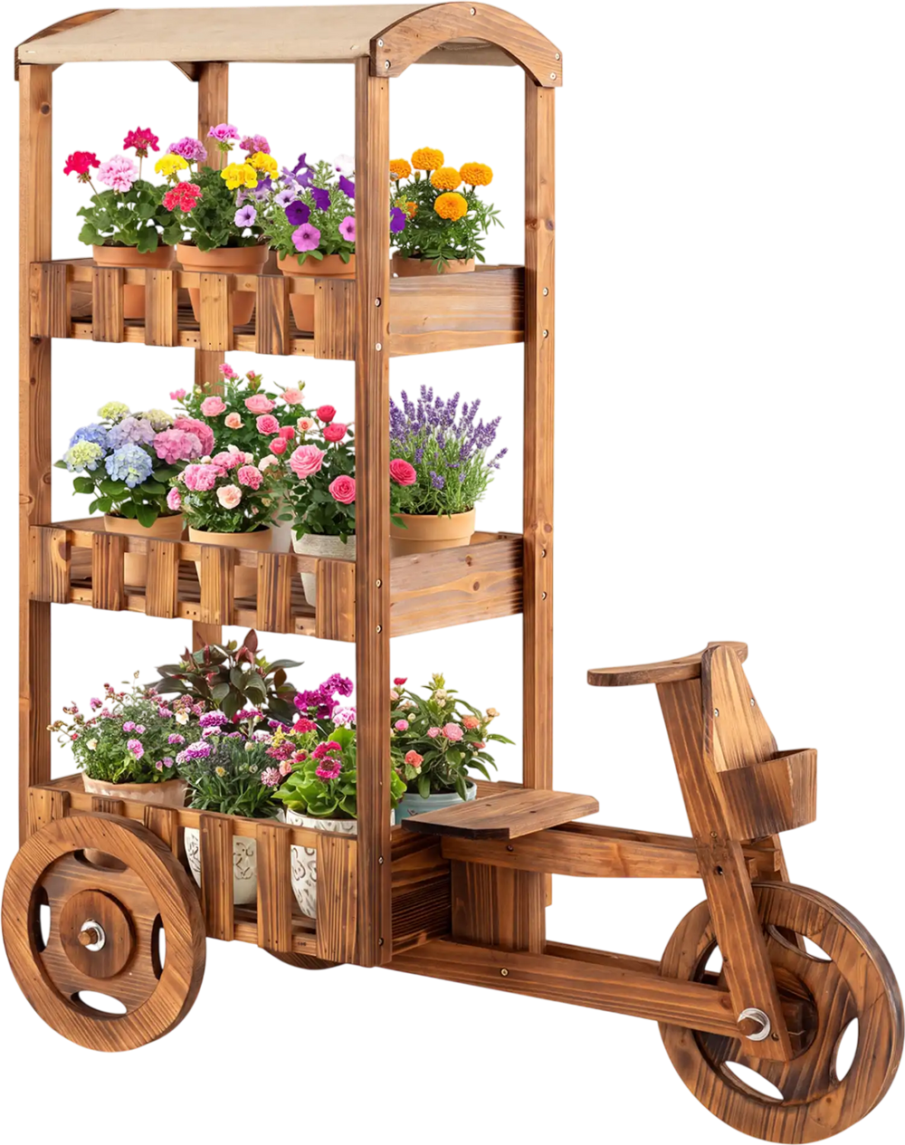 Vintage 3-tier fir wood wagon planter with movable wheels, perfect for displaying flowers in gardens or patios.