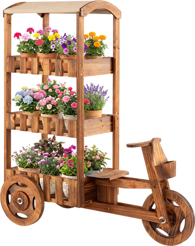 Costway 3-Tier Fir Wood Plant Stand w/ Fabric Canopy & 3 Wheels 78274772 New