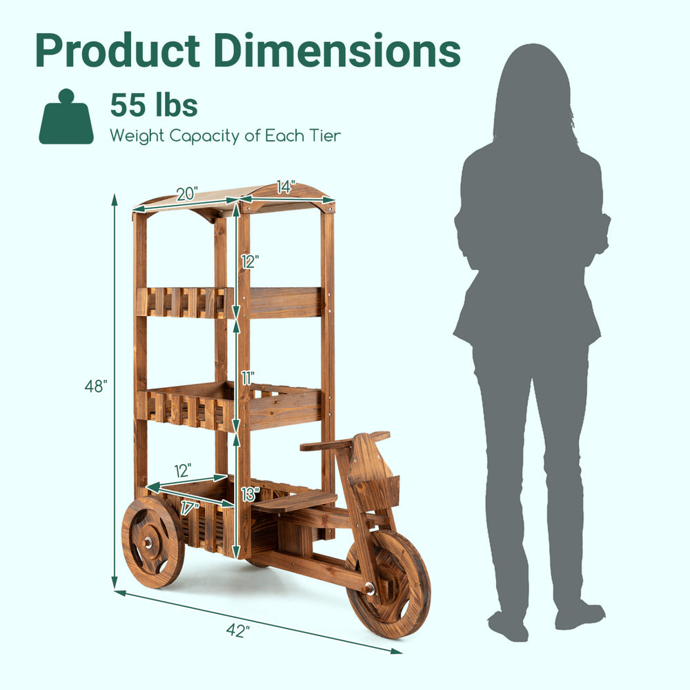 3-tier vintage flower cart display rack made of solid fir wood, featuring a fabric canopy and movable wheels for convenience.