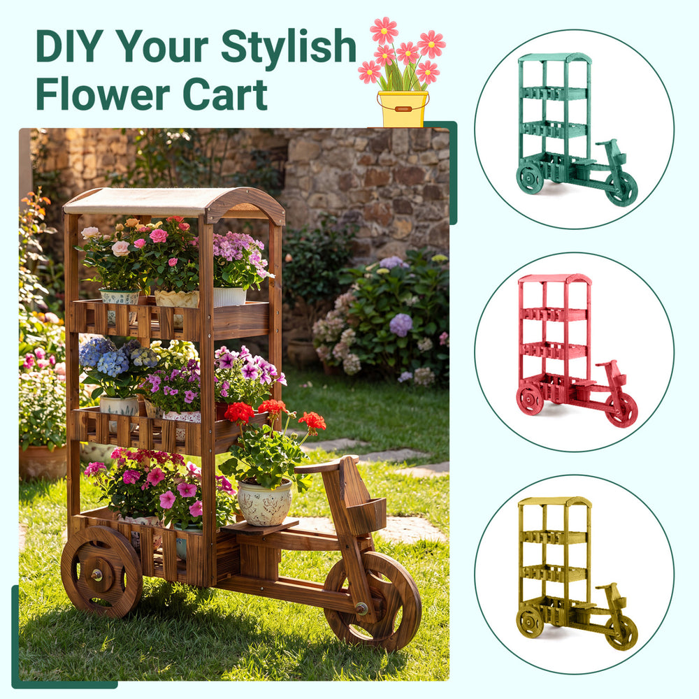 3-tier vintage flower cart planter made of fir wood with a fabric canopy, perfect for organizing plants in gardens or patios.