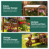 Vintage 3-tier fir wood wagon planter with a fabric canopy, ideal for organizing potted plants in gardens or patios.