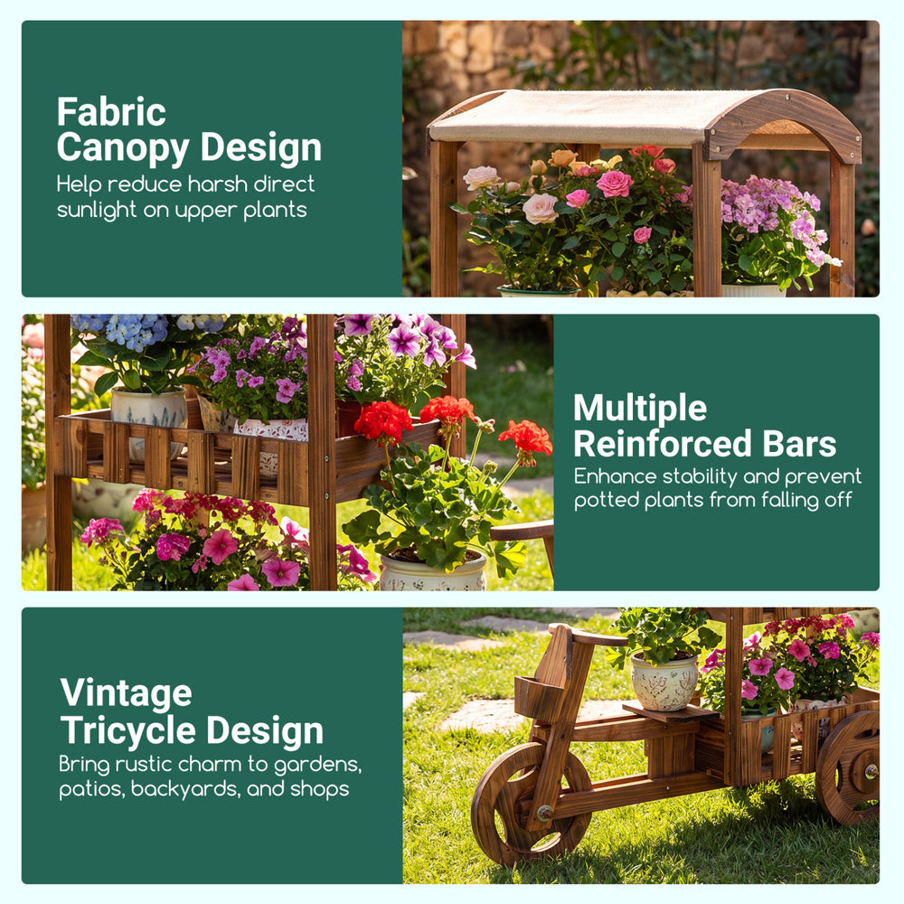 Vintage 3-tier fir wood wagon planter with a fabric canopy, ideal for organizing potted plants in gardens or patios.
