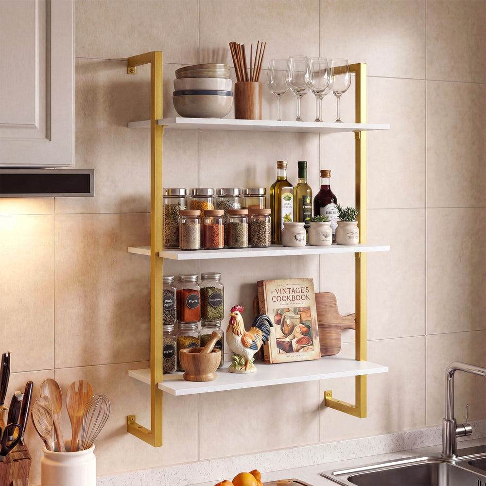 3-Tier Floating Modern Kitchen Shelf for Living Room Home Office and Bathroom-White - Gallery View 1 of 10