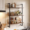3-tier floating kitchen shelf in rustic brown, featuring glassware and spices, ideal for home office or living room use.