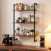 3-tier floating kitchen shelf in rustic brown displaying coffee accessories and mugs for stylish home organization.