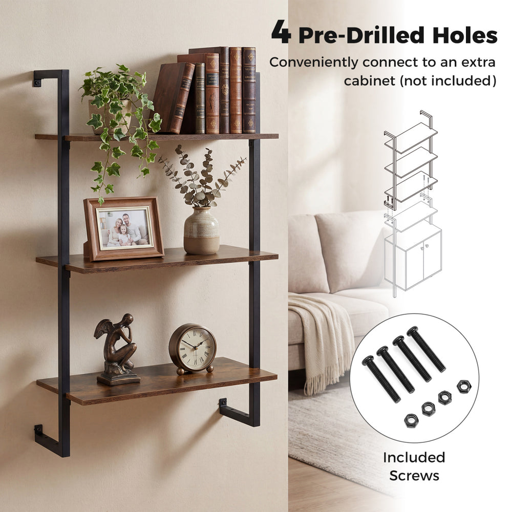 3-tier floating modern kitchen shelf in rustic brown, featuring pre-drilled holes for easy installation in any room.